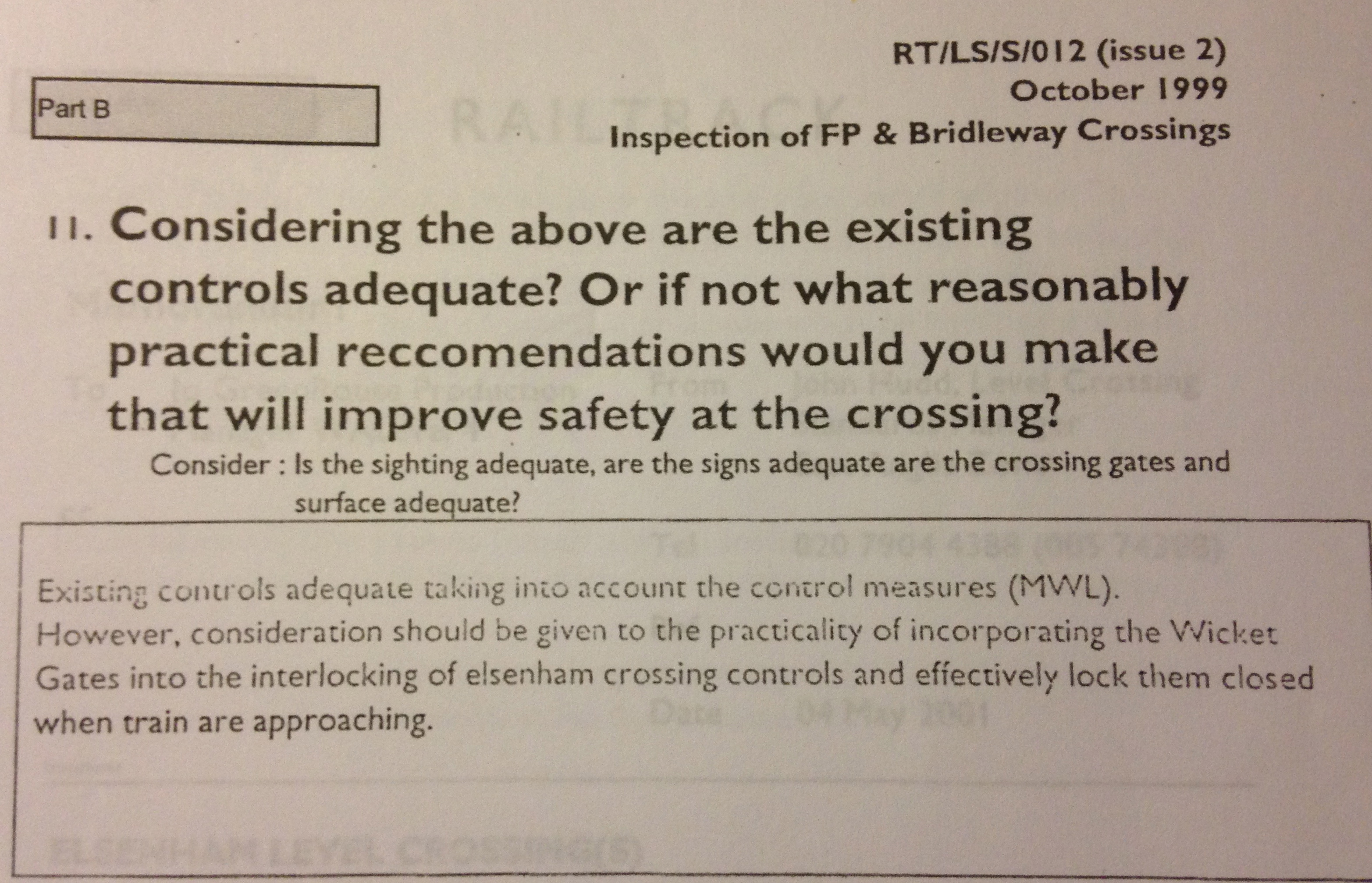 Part B of Trevor Hill's May 2002 risk assessment of Elsenham footpath crossing