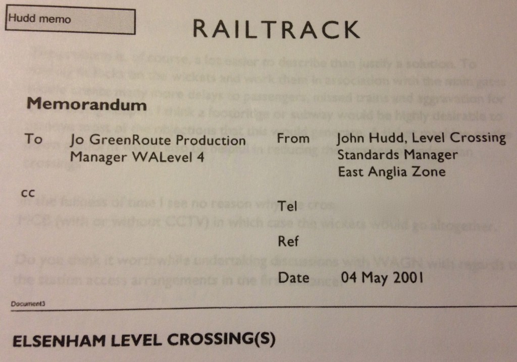 Header of John Hudd's May 2001 Elsenham memo