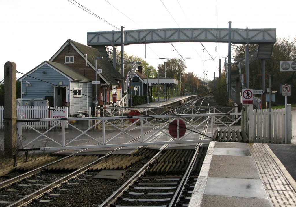 Elsenham station's footbridge in 2013 over Up platform, as viewed from Down platform (Photo © London Intelligence)