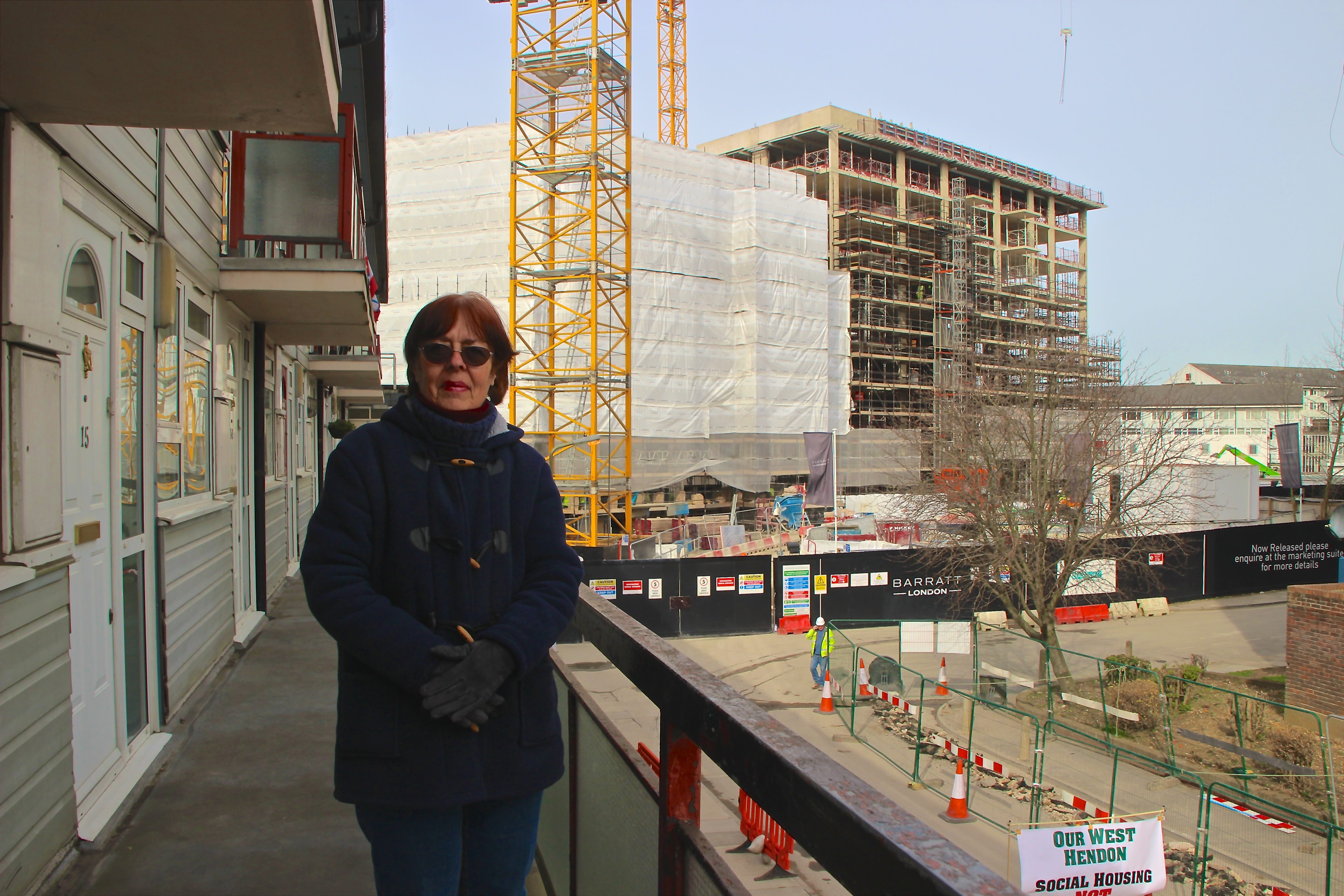 Jackie, a real West Hendon resident, on a real balcony © Paul Coleman, London Intelligence 2015
