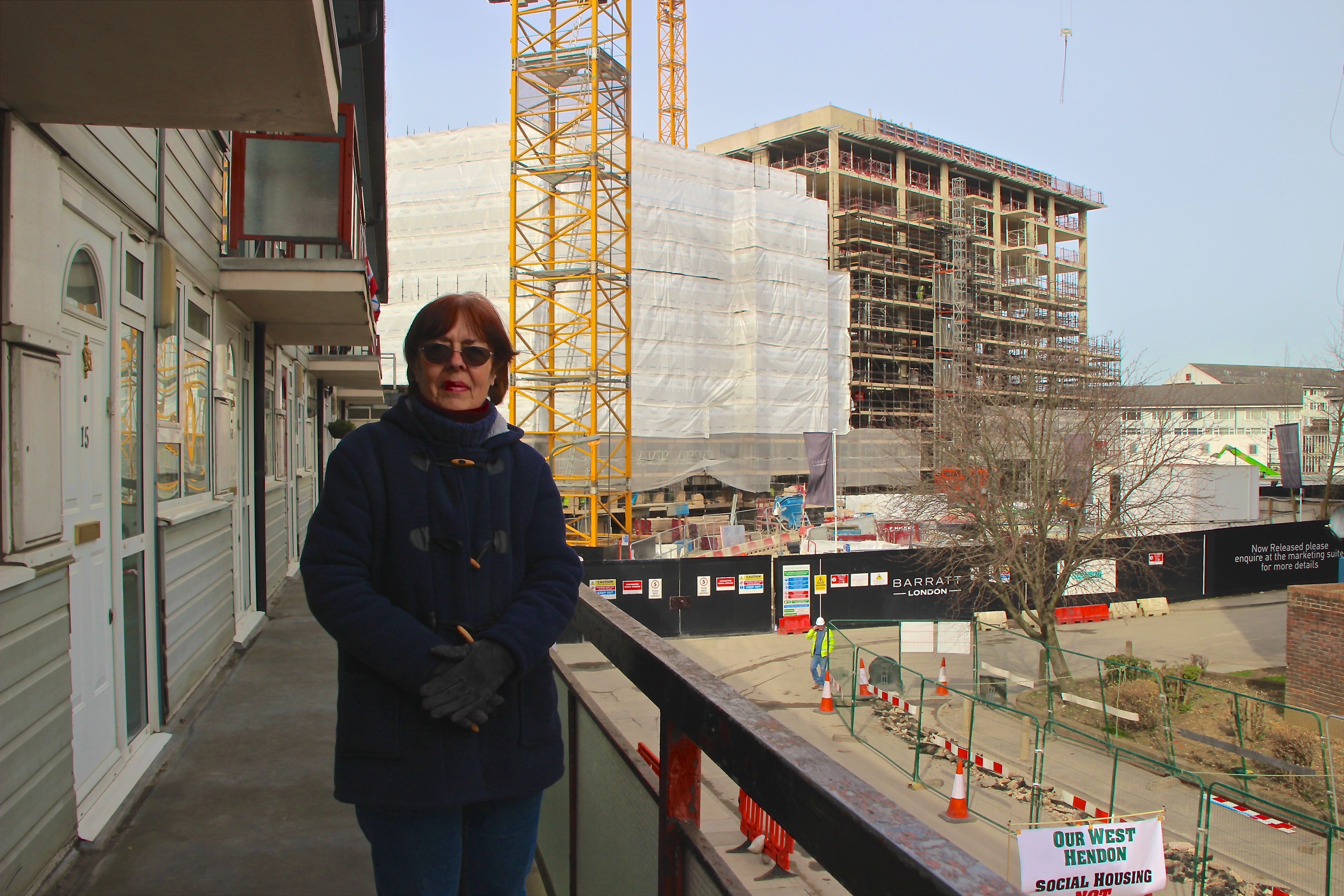 Jackie, a real West Hendon resident, on a real balcony © Paul Coleman, London Intelligence 2015 