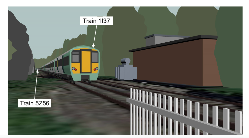 Computer generated image of the pedestrian's perspective as she started moving towards the Lady Howard crossing. Train 1I37 has just passed obscuring the approach of the second train 5Z56 (RAIB 2023).