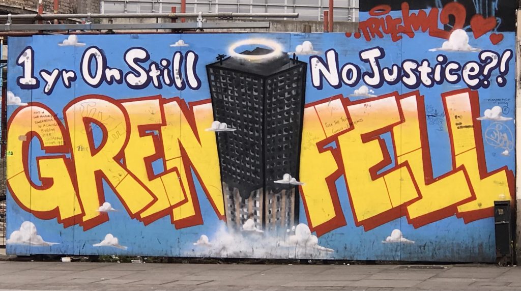 Still No Justice: Grenfell Tower fire graffiti protest art. Photo taken May 2019 © London Intelligence ®.