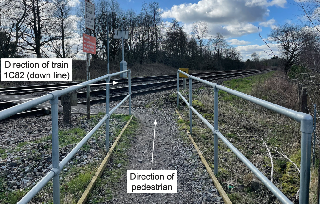 Pewsey rail footpath crossing, Wiltshire, where a passenger train struck and killed a pedestrian in February 2025 (Source: RAIB, May 2026).