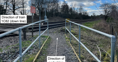 Pewsey rail footpath crossing, Wiltshire, where a passenger train struck and killed a pedestrian in February 2025 (Source: RAIB, May 2026).