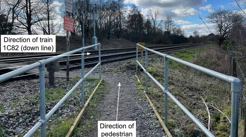 Pewsey rail footpath crossing, Wiltshire, where a passenger train struck and killed a pedestrian in February 2025 (Source: RAIB, May 2026).