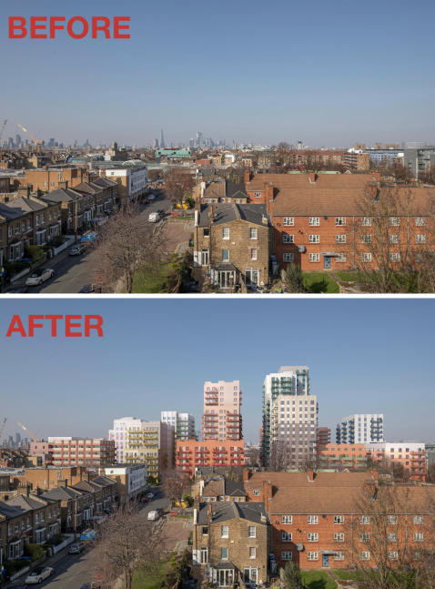 'Before' and 'After' image showing the possible impact of Berkeley Homes' plan on Peckham's heritage and townscape (Source: Aylesham Community Action).